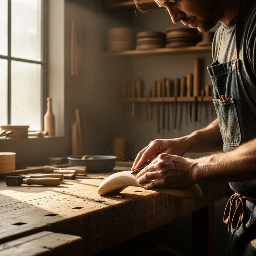 Skilled craftsman carefully sanding a handmade wooden piece in warm morning light